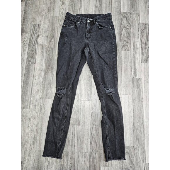 (3/$35) H&M Divided Jeans Womens 4 Black Distressed High Rise Raw Hem Skinny - Picture 1 of 12